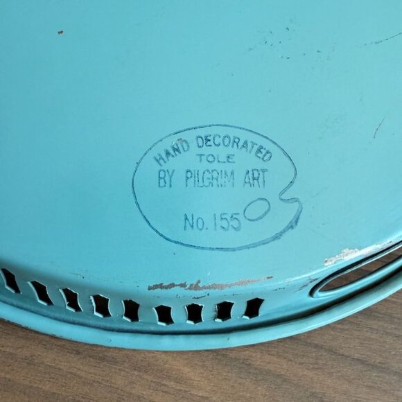 Vintage Turquoise Toleware Pilgrim Art Oval Tray 155 Reticulated Hand Painted - Picture 6 of 10